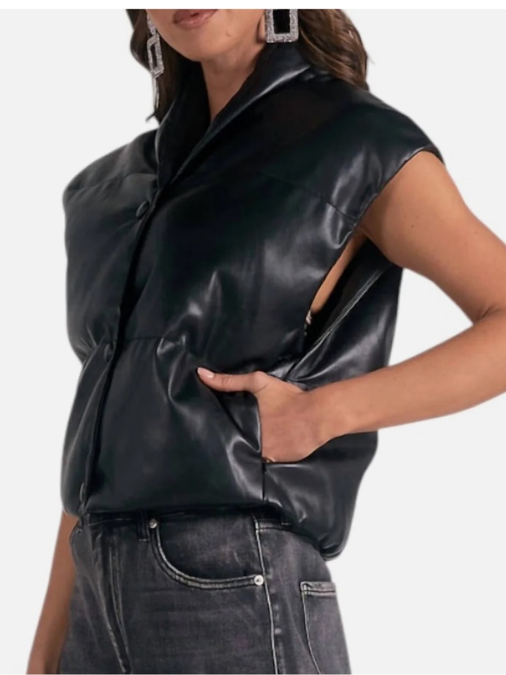 Elan High Collar Faux Leather Vest In Black NWT LARGE